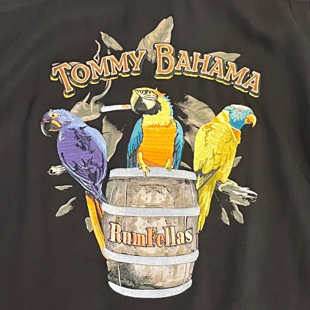 Tommy Bahama Shirt Mens XL Black 100% Silk Button Up Parrots Rumfellas